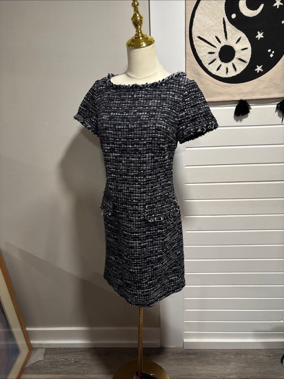 Banana Republic Blue Black Tweed Fringe Shift Dress